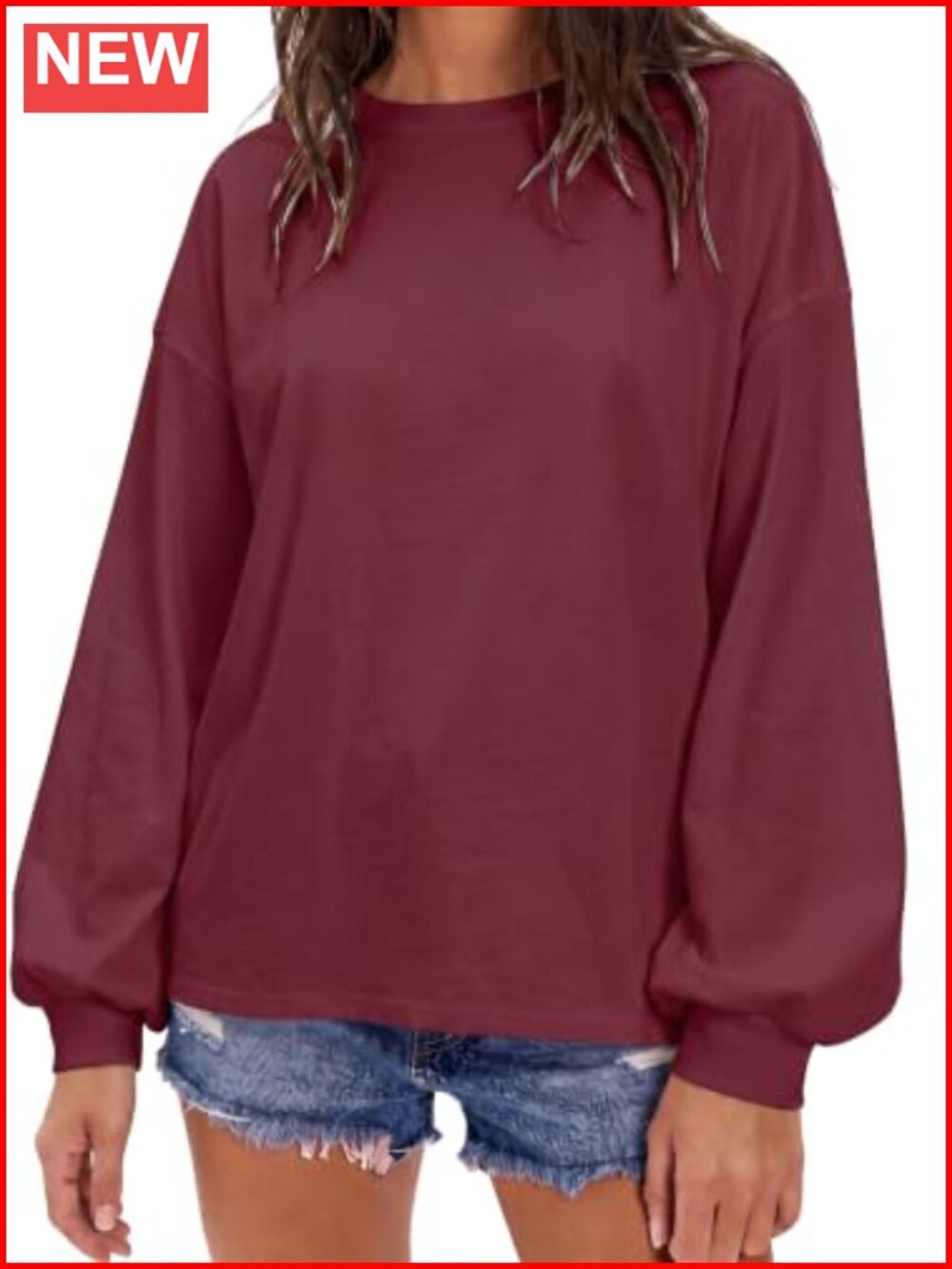 Oversized Lantern Long Sleeve T-Shirt for Women Loose Fit Casual Tee